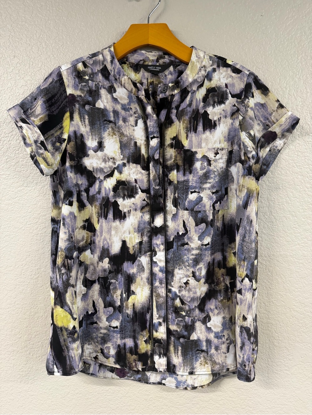 Simply Vera Short Sleeve Abstract Print Blouse in Black, Purple & Yellow